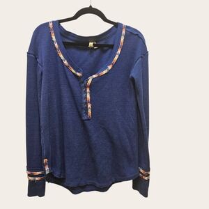 We The Free by Free People Rainbow Blue Thermal Henley Shirt Womens Size S Boho